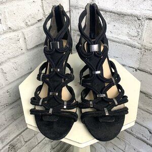 BAR III Black Strappy Faux Suede Open Toe Wedge Sandals Kalyn Heels